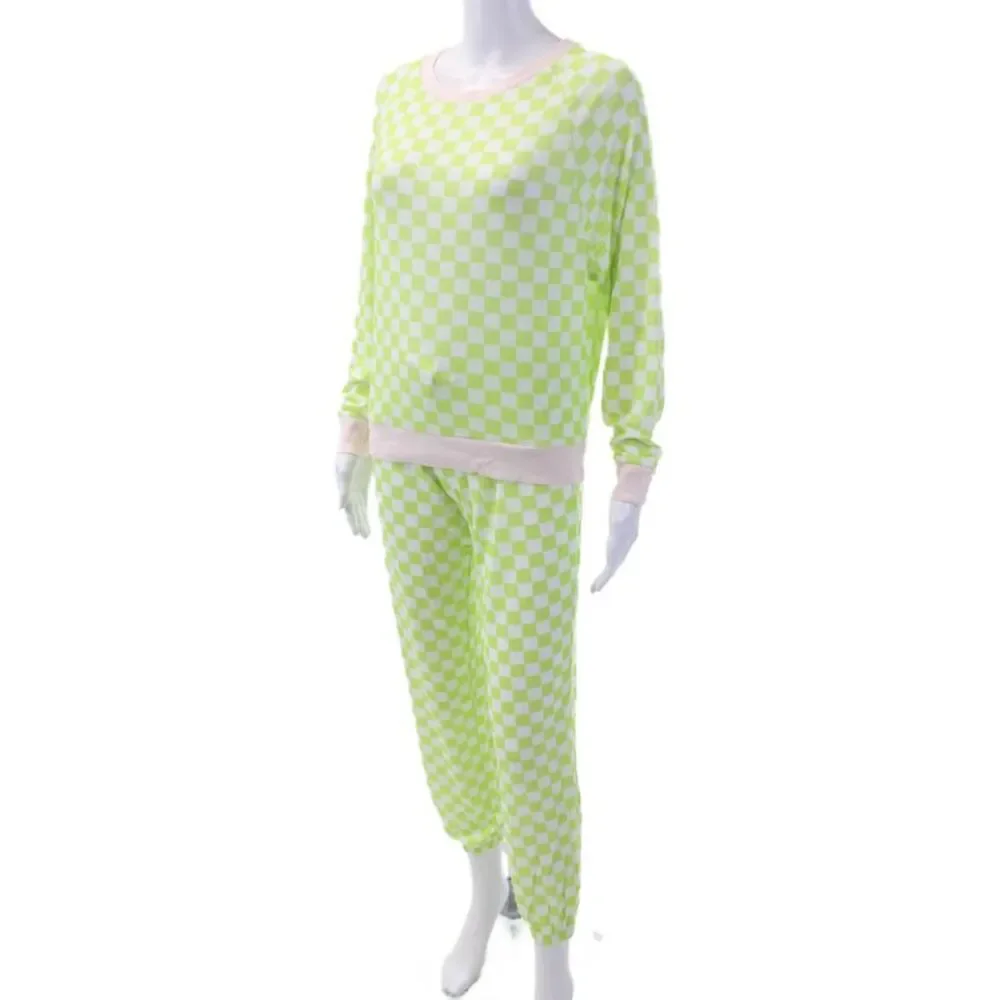 Honeydew Womens Checkered Long Sleeve Soft Pajama Set Green Size XS